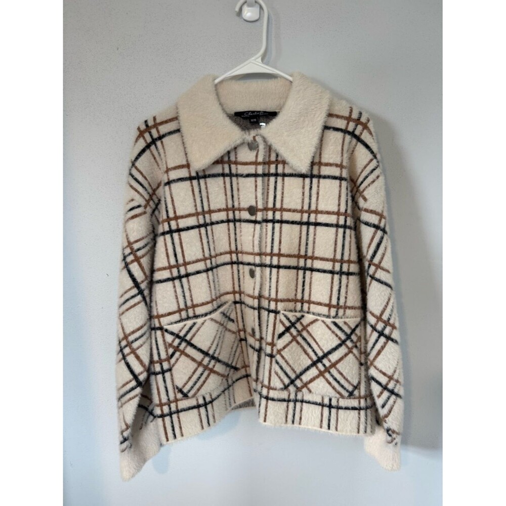 CHARLIE B Cream Plaid Jacket with Brown & Black Trim Size Medium